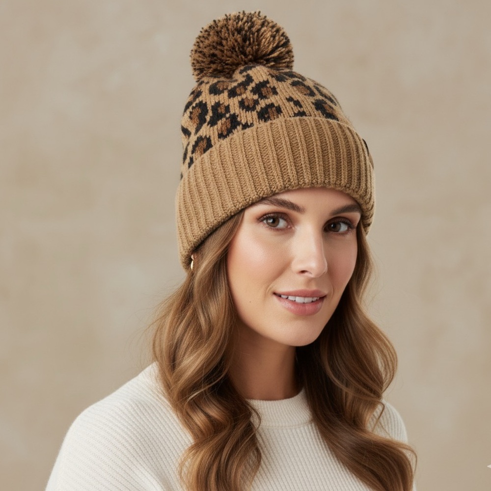 C.C Leopard Pom Beanie | Fuzzy Knit Winter Hat | Animal Print Beanie 🐆‎